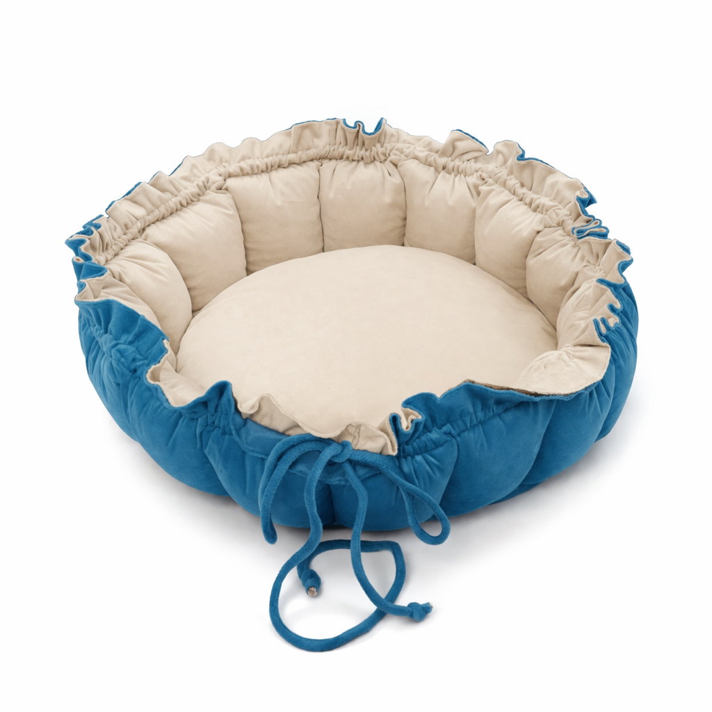 HYDRO Z Round Drawstring Dog Bed - Blue velvet with cream interior